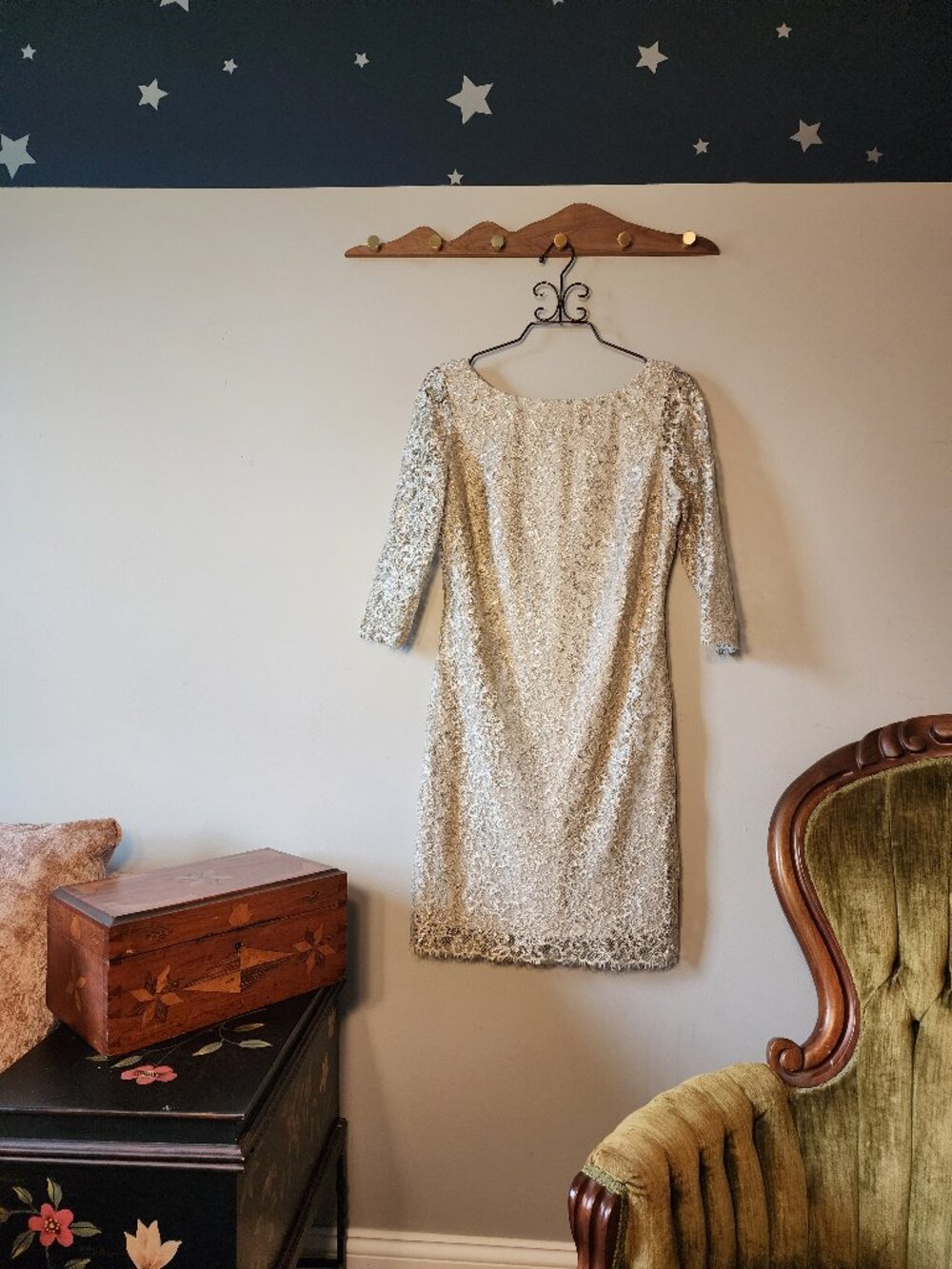 Calvin Klein Taupe Silver Metallic Lace Sheath Dress Size 10